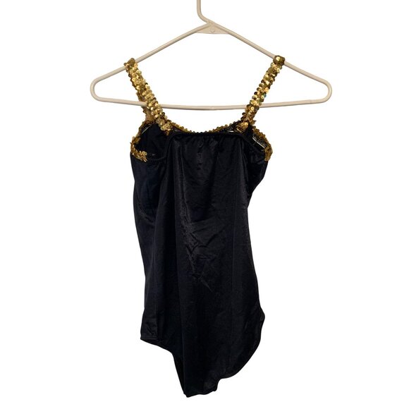 Adult Large 1 piece Bodysuit Leotard Black Gold Sequined Sleeveless Sparkle Blin - Picture 3 of 4